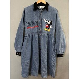 Mickey Mouse Dress Women's Medium Denim Blue Button up embroidered Disney Store!